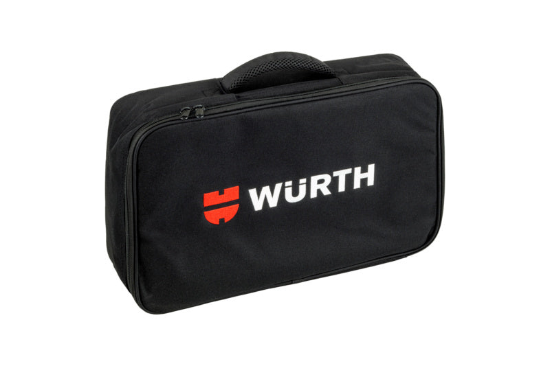 Schwarze Tasche mit verstärktem Boden, Innenfächern und gepolstertem Tragegriff.