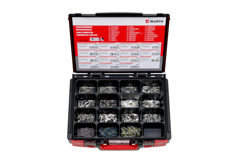 Uninsulated cable connectors assortment in a compact storage case.