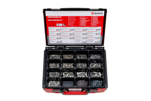 Uninsulated cable connector assortment in a clear plastic storage box.