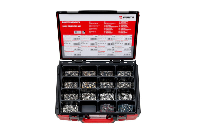 Uninsulated cable connector assortment in a clear plastic storage box.