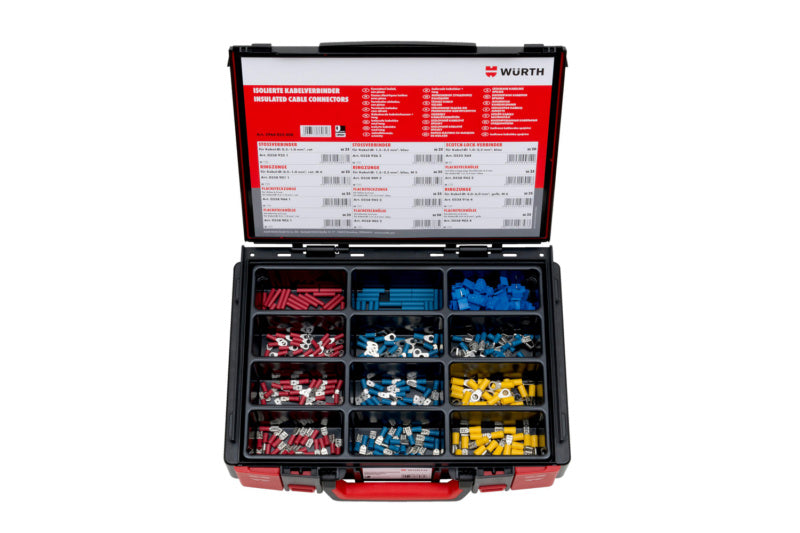 Isolated cable connector assortment in a variety of colors and sizes.