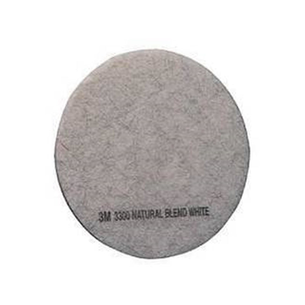 Graues, rundes Reinigungspad mit der Aufschrift "3M 3300 NATURAL BLEND WHITE".