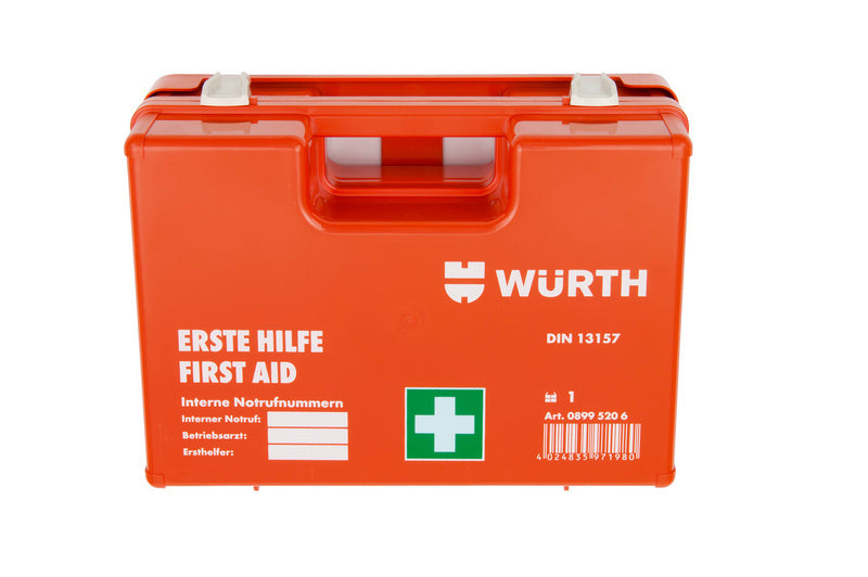 Erste-Hilfe-Koffer DIN 13157 mit Verbänden, Pflastern, Desinfektionsmittel und Tragegriff.