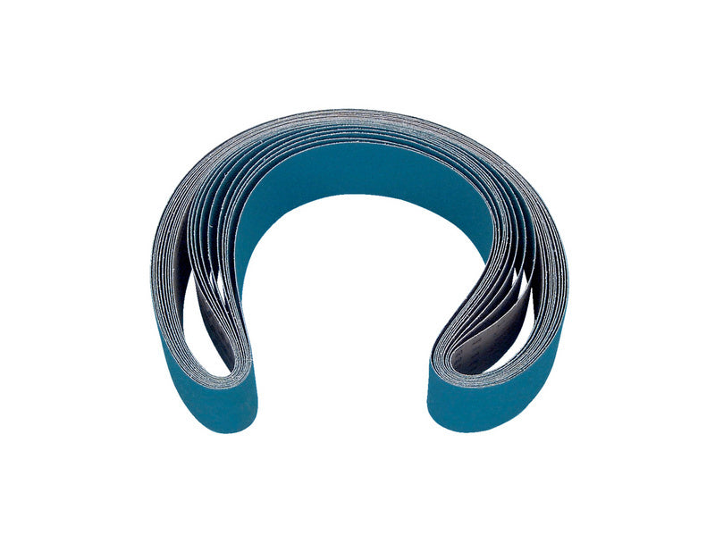 Zehn Schleifbänder aus Gewebe, Körnung K36, 75 mm breit und 2000 mm lang, in Verpackung.