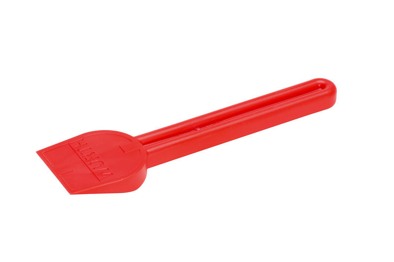 Rote Klotzkelle mit rostfreier Edelstahlklinge und ergonomischem Griff für Handwerksarbeiten.