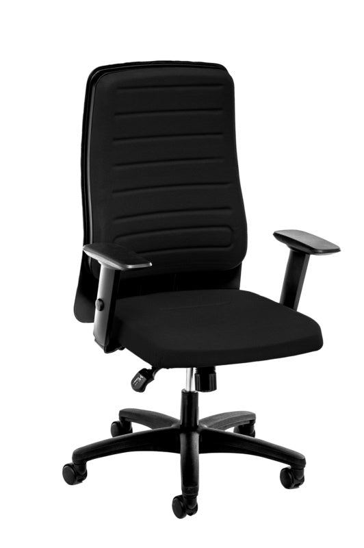 Schwarzer Bürodrehstuhl mit gepolsterter Rückenlehne und höhenverstellbarer Sitzhöhe.