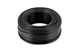 Schwarzes flaches Fahrzeugleitungskabel FLRYY mit mehreren Adern in einer Bundform.