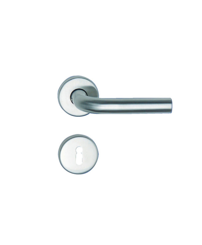 Türdrücker aus Edelstahl für Objektbereich mit ergonomischem Design und Klick-Rosette.