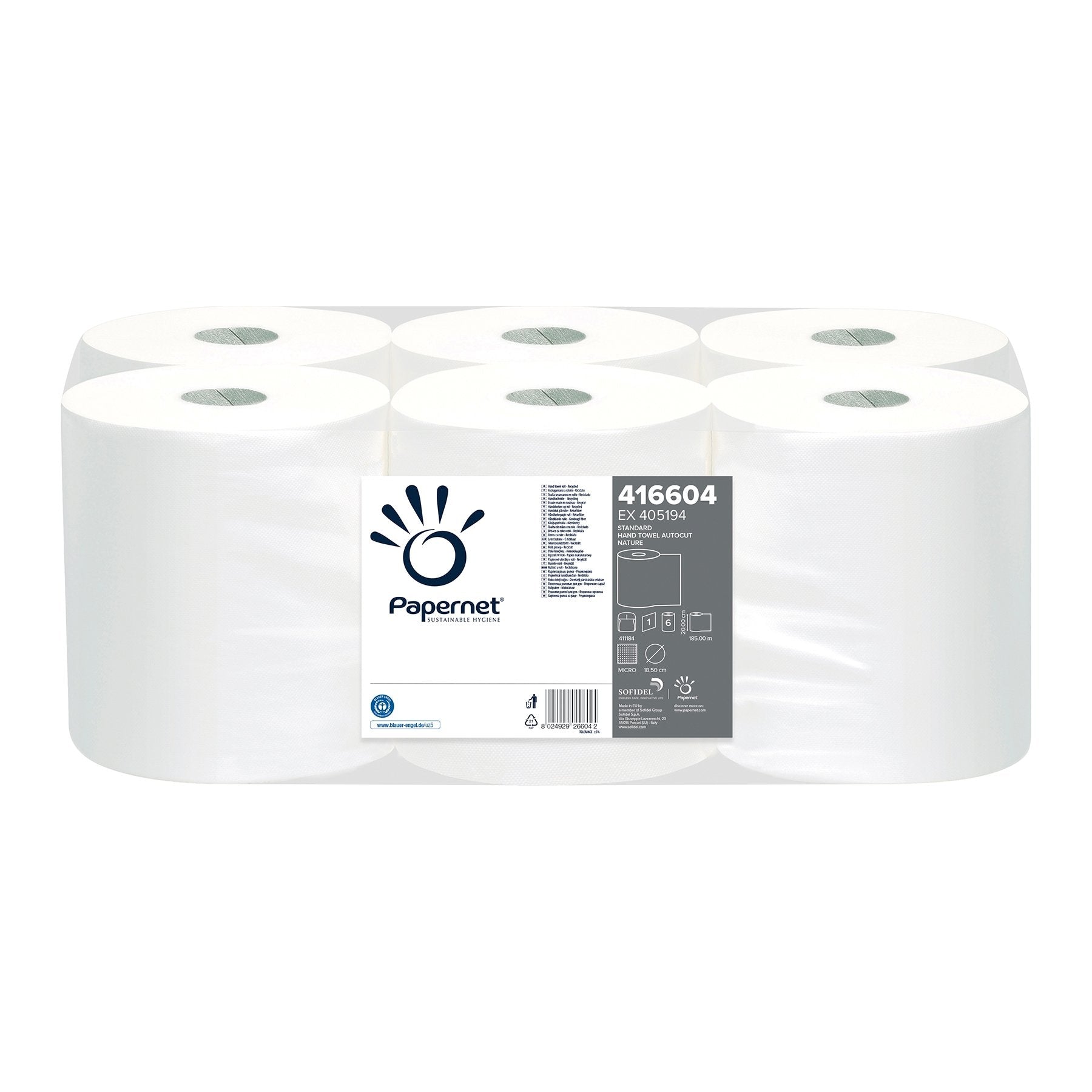 Naturfarbene Handtuchpapierrolle 185x0,20m, 1-lagig, aus Recyclingmaterial, 6 Rollen pro Packung