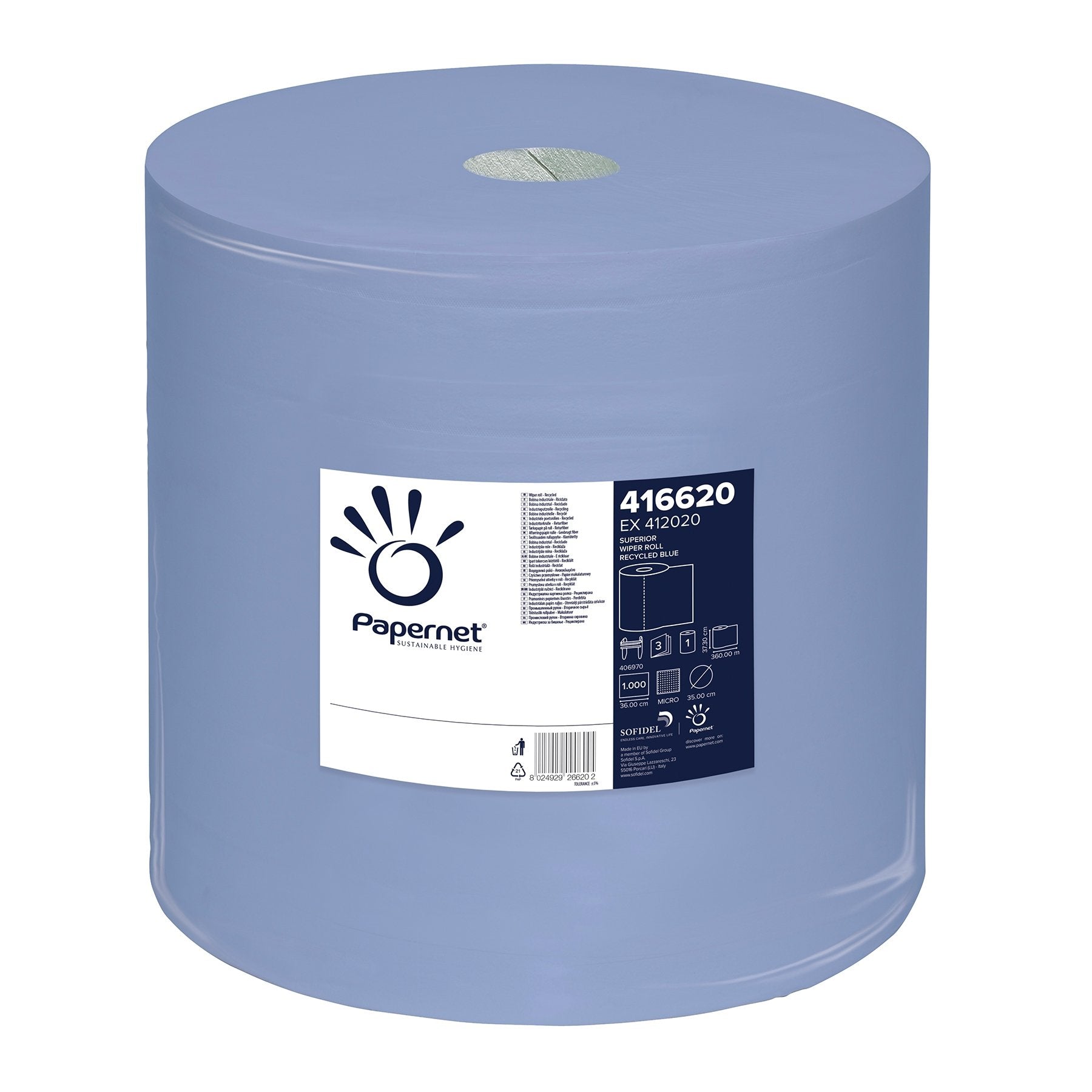 Industriebedarf -Wischtuchrolle, 37,3x36cm, 3lg, 1000 Bl., blau, Recycling, 1 Ro/VE