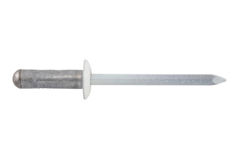 Weißer Blindniet mit Flachkopf aus Aluminium und Edelstahl in RAL9010 Farbe.