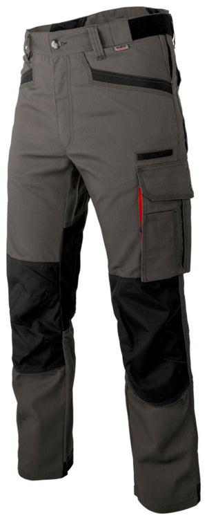 Graue Arbeitshose mit elastischen Einsätzen und mehreren praktischen Taschen für den Beruf.