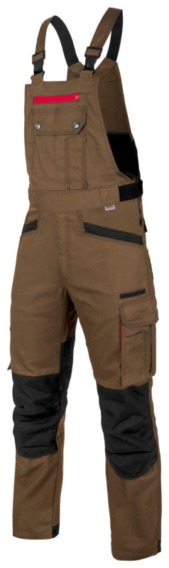 Braune Arbeitslatzhose mit verstellbarem Tragegurt und mehreren funktionalen Taschen.