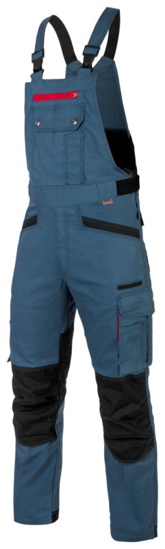 Blaue Arbeitslatzhose mit mehreren Taschen und verstärkten Kniepartien für optimalen Komfort.