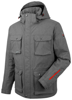 Granitgraue Wetterschutzjacke mit verstellbarer Kapuze und elastischen Ärmelbündchen.