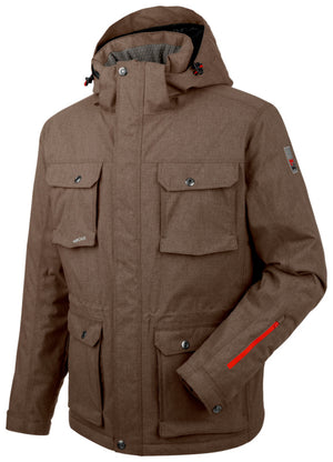 Kastanienbrauner Wetterschutzparka mit Kapuze, verstellbarem Taillenzug und großen Taschen.