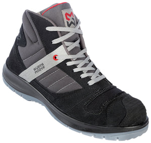 Schwarze Sicherheitsstiefel S3 mit Stretch-Einsatz, durchtrittsicherer Sohle und verstärkten Zehenkappen.