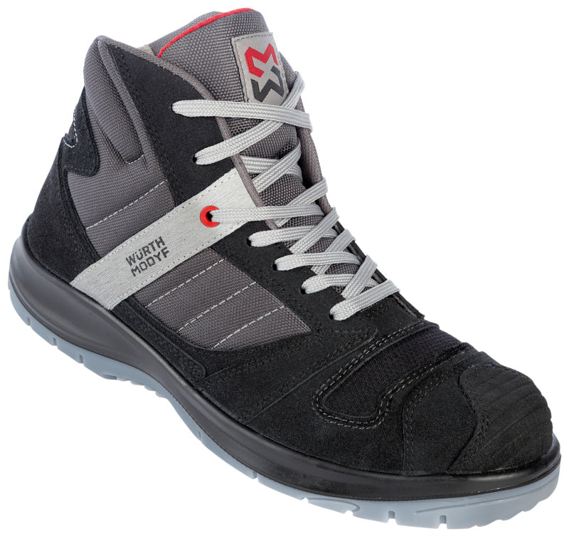 Schwarze Sicherheitsstiefel S3 mit Stretch-Einsatz, durchtrittsicherer Sohle und verstärkten Zehenkappen.