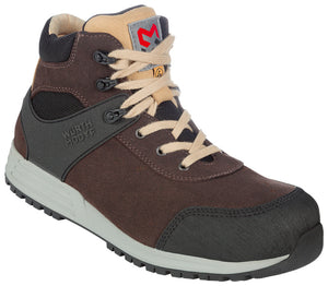 Braune Sicherheitsstiefel S3 mit Stahlkappe, rutschfester Sohle und atmungsaktivem Innenfutter.