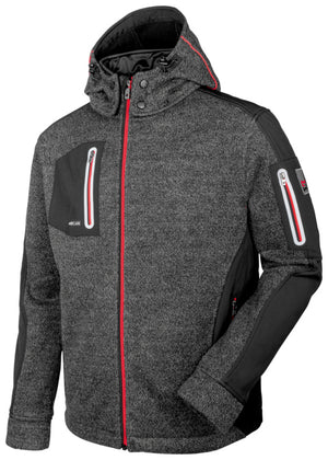 Anthrazitfarbene Softshelljacke Hydra mit verstellbarer Kapuze und seitlichen Reißverschlusstaschen.