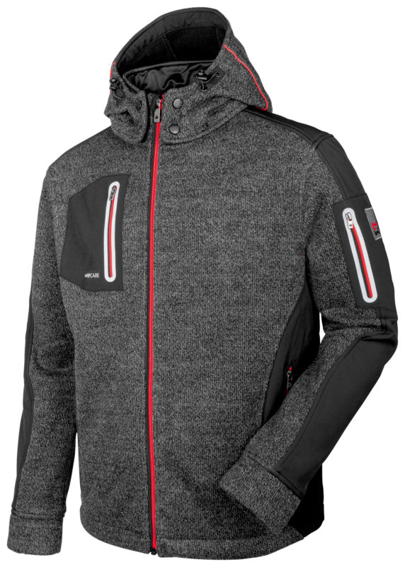 Anthrazitfarbene Softshelljacke Hydra mit verstellbarer Kapuze und seitlichen Reißverschlusstaschen.