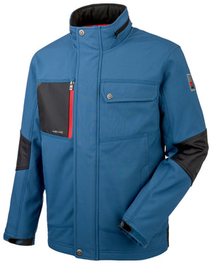 Blaue Softshell-Arbeitsjacke mit modernem Schnitt, mehreren Taschen und wasserabweisendem Material.