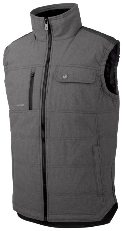 Graue, gefütterte Arbeitsweste mit mehreren praktischen Taschen und modernem Schnitt.