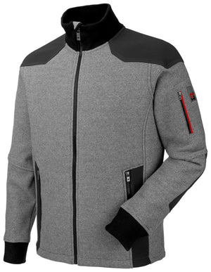 Graue Fleecejacke mit hohem Kragen, Reißverschluss und seitlichen Taschen für Outdoor-Einsatz.