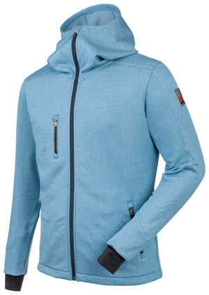 Fleecejacke in meliertem Blau mit zwei Taschen und durchgehendem Reißverschluss.