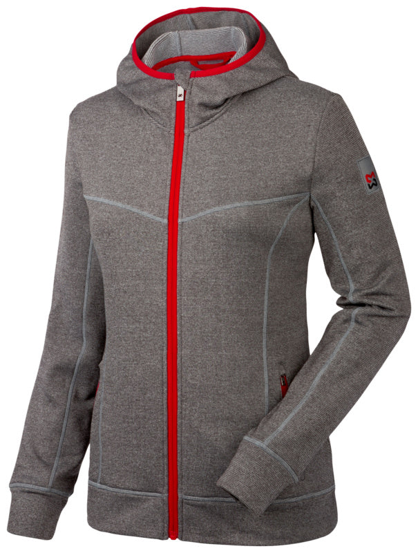 Damen Fleecejacke "Aquarius" in grauem Melange mit Stehkragen und Reißverschlusstaschen.