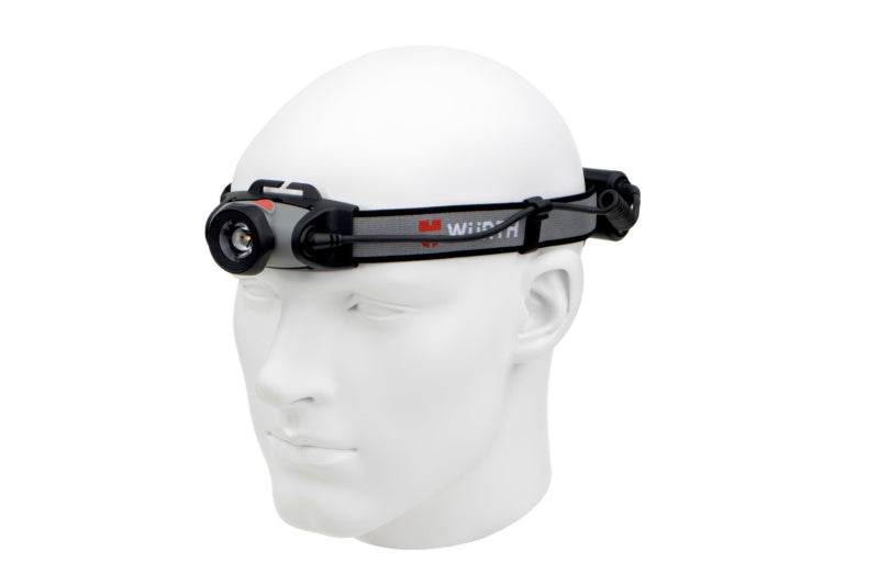 Akku-Stirnleuchte mit verstellbarem Kopfband und bis zu 500 Lumen Helligkeit.
