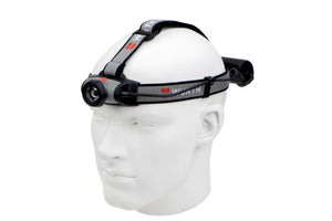 Schwarze Stirnleuchte mit verstellbarem Kopfband und integriertem Akku für Handwerkerbedarf.