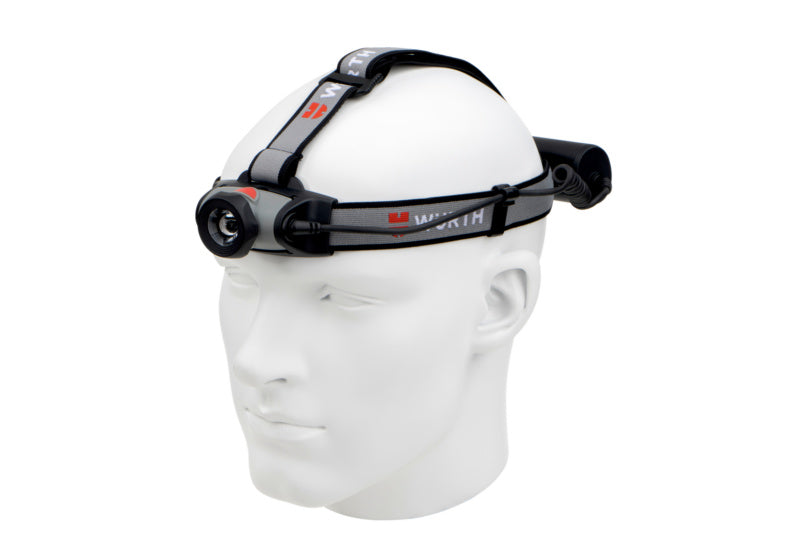 Schwarze Stirnleuchte mit verstellbarem Kopfband und integriertem Akku für Handwerkerbedarf.