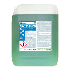 A 10L container of green, pH-neutral cleaner labeled "Neutra Clean".