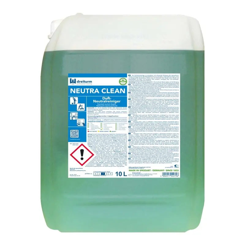 A 10L container of green, pH-neutral cleaner labeled "Neutra Clean".