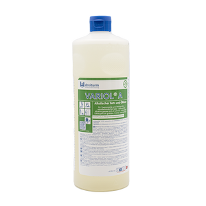 Variol A Rundflasche 1L mit blauem Deckel, gefüllt mit gelblicher Flüssigkeit.