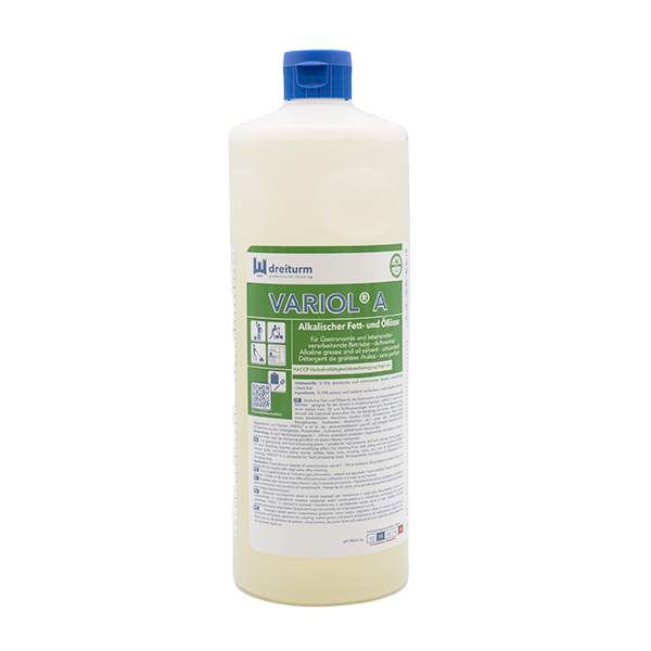 Variol A Rundflasche 1L mit blauem Deckel, gefüllt mit gelblicher Flüssigkeit.