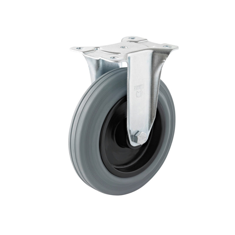 Robuste Bockrolle mit 200 mm Durchmesser für Transportmittel, leise und stabil.