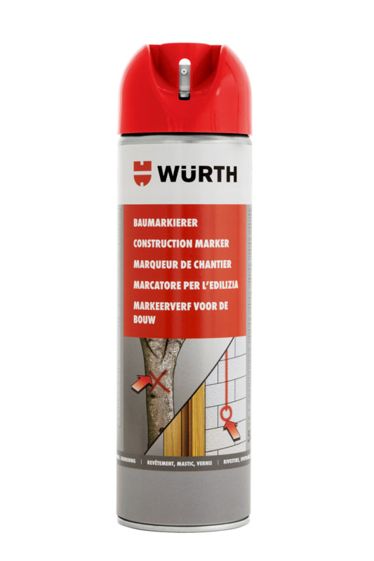 Rote Sprühdose mit 500 ml Inhalt für präzises Markieren in Innen- und Außenbereichen.