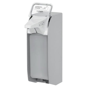 Grauer Seifenspender mit weißem Ausgabeteil und offenem Deckel.