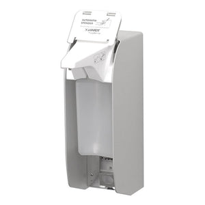 Ein berührungsloser Spender aus mattem, silbernem Aluminium mit 500 ml Fassungsvermögen.