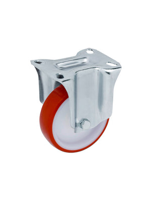 Transportgeräterolle mit Polyurethan-Lauffläche und verchromtem Stahlgestell, Tragkraft 300 kg.