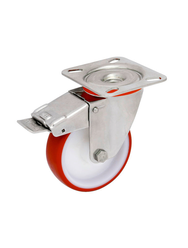 Robuste Transportgeräterolle mit 100 mm Durchmesser und 170 kg Tragfähigkeit, gebremst.