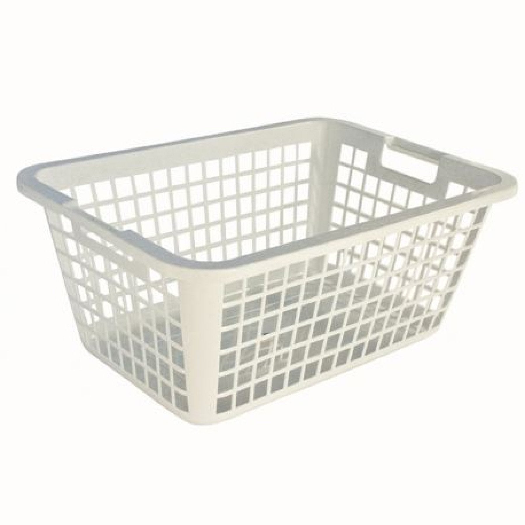 Ein weißer rechteckiger Wäschekorb aus Kunststoff mit Griffen.