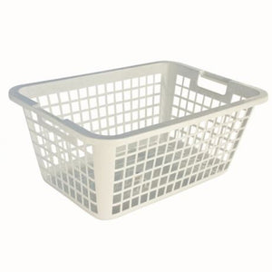 Ein weißer rechteckiger Wäschekorb aus Kunststoff mit Griffen.