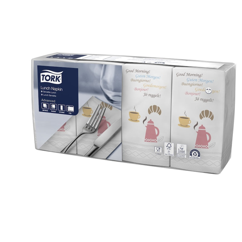 Weiße Tork Guten Morgen Lunchserviette, 33x33 cm, 2-lagig, im 1/8 Book Falz, hygienisch verpackt.