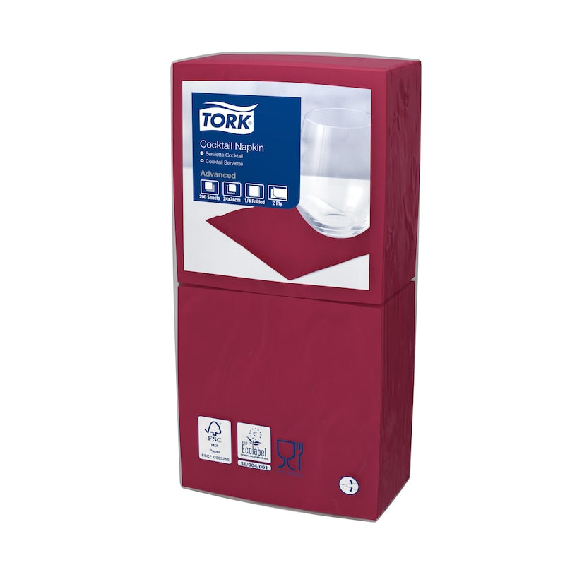Tork Cocktailserviette in bordeauxrot, 24x24 cm, 1/4-Falz, 12x200 Stück pro Karton