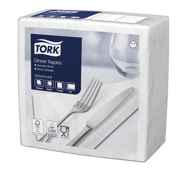 Weiße Tork Dinnerservietten, 39x39 cm, 1/4-Falz, in einer Packung mit 150 Stück.