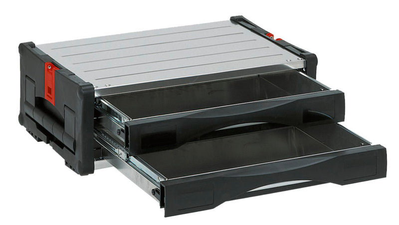 Systembox-Schubladen-ORSY-BULL-SYSBOX mit transparenten Fächern für Werkzeuge und Zubehör.