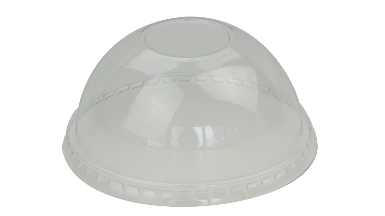 Klarer PET-Kuppeldeckel ohne Loch für Becher mit 95 mm Durchmesser.
